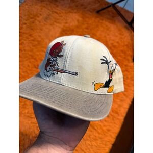 Vintage 1996 Warner Bros Elmer Fudd Daffy Duck Snapback Hat Tan Made in USA